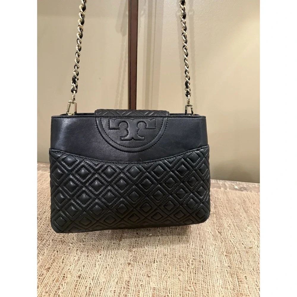 Tory Burch Fleming Quilted Open Crossbody Shoulder Bag Purse Style Black‎